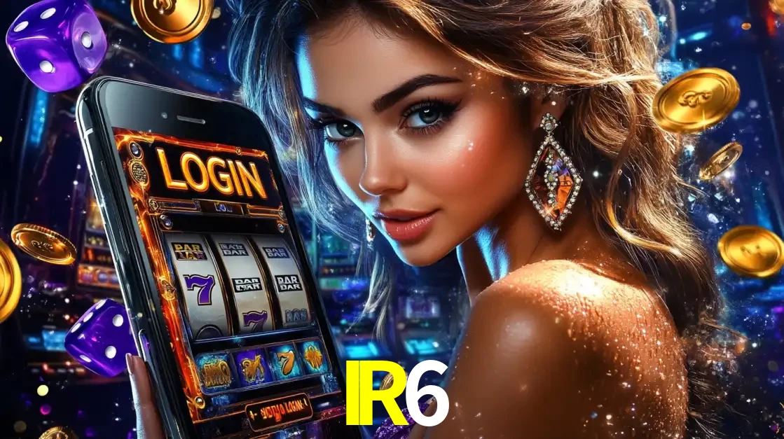Mulher glamorosa segurando um smartphone com a tela de login para os jogos de caça-níqueis do cassino online IR6, com moedas de ouro e dados ao redor.