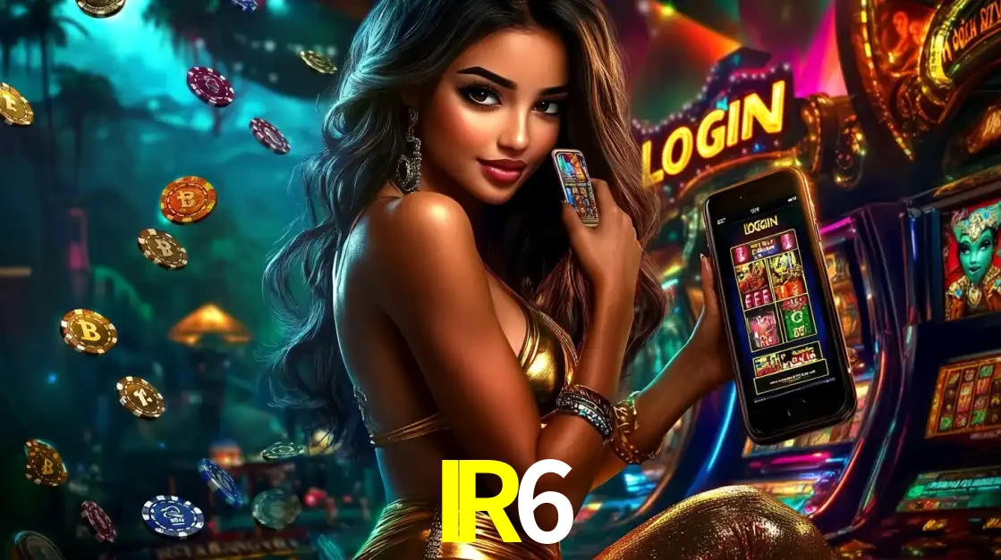 Mulher em um cenário de cassino temático de aventura, mostrando o app de caça-níqueis da IR6 no celular. Fichas de apostas flutuam ao redor.
