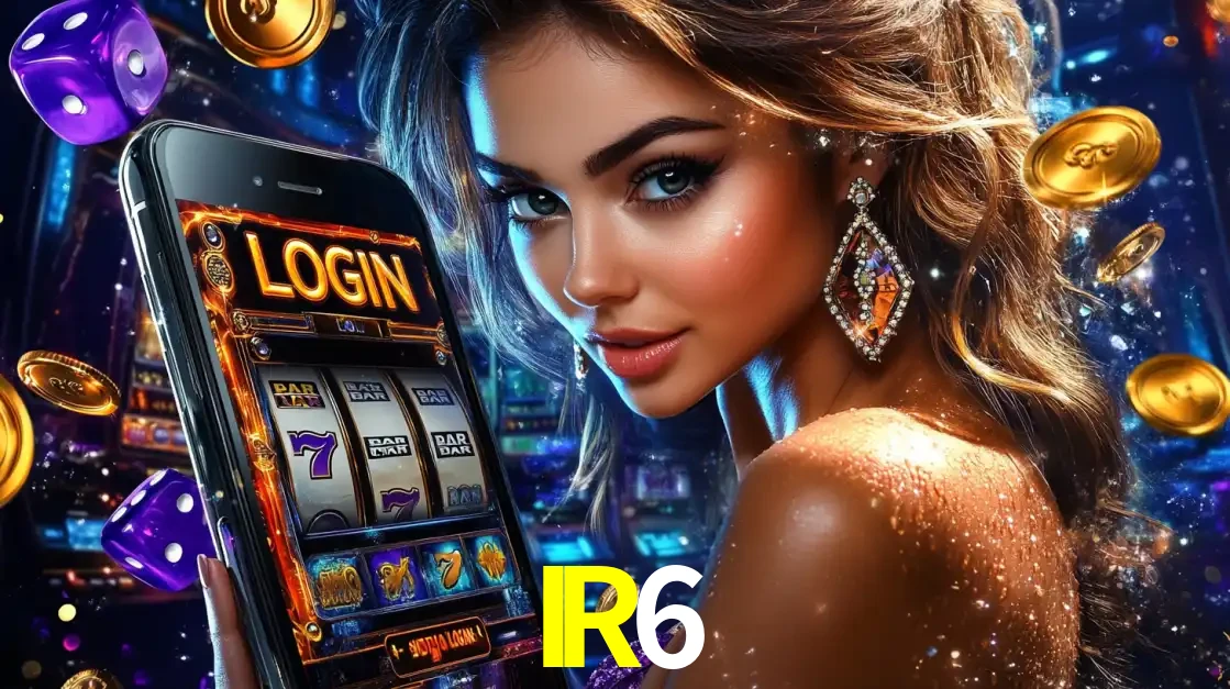 Mulher glamorosa segurando um smartphone com a tela de login para os jogos de caça-níqueis do cassino online IR6, com moedas de ouro e dados ao redor.