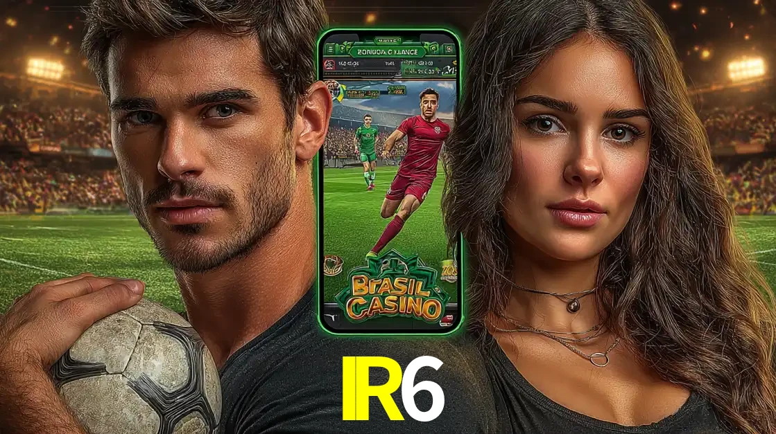 Homem segurando uma bola de futebol e uma mulher ao lado de um smartphone exibindo o jogo de apostas esportivas da IR6. Faça seu palpite no cassino online.